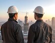 © Alfin - Two construction workers with helmets looking at a cityscape at dusk