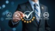 © Media Srock - Business professional interacting with digital icons representing quality assurance and five star rating