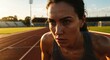 © AFFANYUDA - Sweaty female runner on track, focused for sprint at sunset