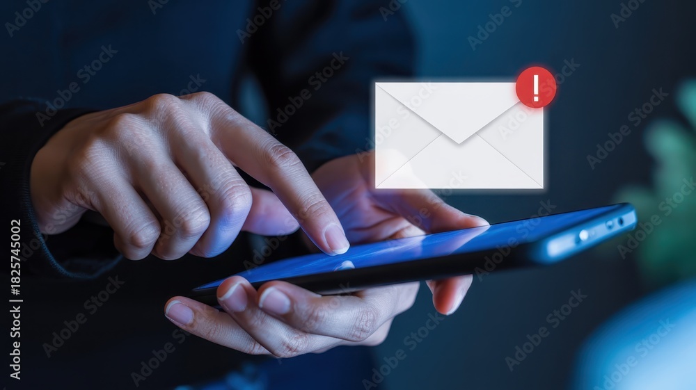 Person Notification Person interacts with mobile device displaying an urgent electronic ...