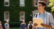 © Xenia - College admissions matter, as seen with happy male student holding his notebook near university building. College admissions process is crucial to academic success.