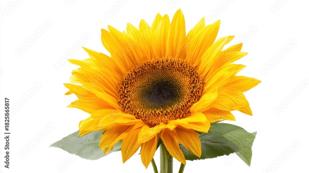 A stunning sunflower displays its large yellow petals and dark center against a plain white background. The flower radiates warmth and happiness symbolizing summer and positivity.