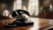 © Quail 8s Studio - Close up of  vintage black rotary telephone with  gold accented dial resting on  richly textured wooden desk surface