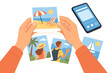 © Антон Сальников - Hands holding instant photos of vacation memories next to a mobile phone for sharing travel experiences