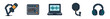 © stocker777 - A collection of pixel art icons depicting essential audio recording and production equipment, including a microphone, sound mixer, laptop with waveform, pop filter, and headphones