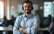 © John - Call center, pride and businessman consulting, working and talking at a telemarketing company. Portrait of customer service employee and manager with arms crossed while giving support with a headset