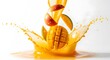 © Rebeka - Close up of mango fruit falling into juice with splash against white backdrop