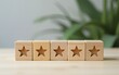 © Gianna - feedback rating and positive customer review experience, service and Satisfaction, wood block with 1 to 5 star icon to give satisfaction in service. rating very impressed. Mental Health Assessment.