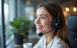 © Gianna - Call center, young woman and smile in contact us with CRM, headset with mic and mockup space. Customer service consultant, happy female and telemarketing with sales and help desk. Generative AI