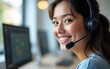 © Gianna - Call center, young woman and smile in contact us with CRM, headset with mic and mockup space. Customer service consultant, happy female and telemarketing with sales and help desk. Generative AI