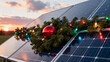 © Varith - Festive Christmas wreath on solar panel showing hopeful message of sustainability and an eco friendly green holiday