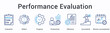 © gibranicon - Performance evaluation banner web icon assesses progress through reflection measuring productivity efficiency and accomplished mission success.