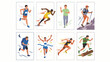 ©  HERIANSAH - Set of runners in action. Flat minimalist clean vector-style illustrations of men sprinting, hiking, jogging, and crossing finish line. Diverse athletic poses for sports, fitness, and marathon apps.
