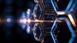© Yuliia - Futuristic hexagonal technology structure with glowing blue light effects against dark background, creating depth through reflection.