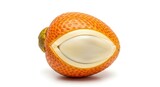 A close-up studio shot of a single salak fruit, also known as snake fruit, cut open to reveal its creamy white interior and seed, isolated on a white background.