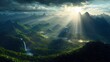 © Angghu - An aerial view of a vast, verdant mountain range with dramatic sunbeams piercing through the clouds and illuminating waterfalls and mist-filled valleys.