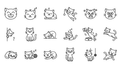 Naklejka na meble Charming collection of line art cat icons showcasing various feline emotions, playful actions, and cute poses, perfect for digital design and pet-themed projects