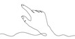 © chekman - Drawing of a hand with the index finger touching a screen, in one line art style. Gesture illustration with editable stroke. Vector illustration.