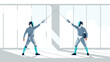 © Maureen - Dynamic fencing duel in sunlit sports arena for competitive sport and athletic training concepts