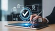 © Happy Hues - Hand using stylus on tablet with large glowing check mark hologram