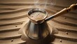 © chas - Turkish coffee pot brewing on sand background traditional drink hot beverage still life