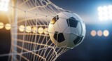 Soccer ball in goal net, stadium lights background, scored goal