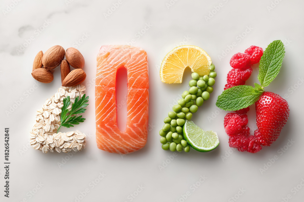 Creating the year 2026 with healthy food products representing ...