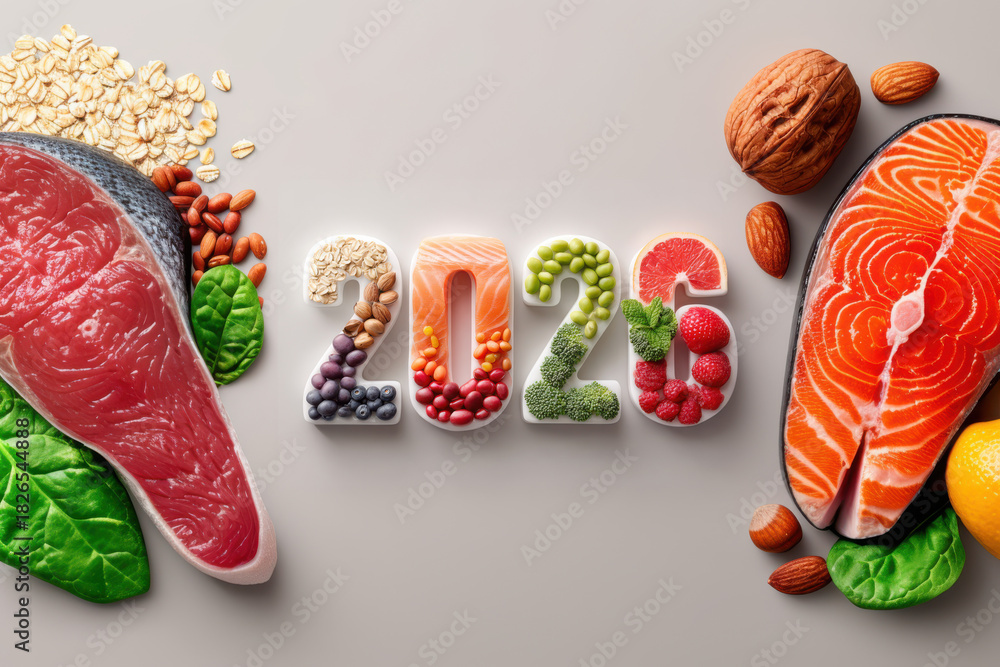Creating the year 2026 with healthy food products representing ...