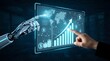 © Hokiia - A futuristic robotic arm and a human hand interact with a digital display showcasing financial growth trends, currency symbols, and a world map, symbolizing AI and economic advancement.