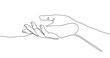© chekman - Outstretched hand palm up, gesture of giving or receiving, in continuous one line art style. Figure sketch with editable black stroke on white background. Vector illustration.