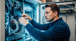 © OlgaNeuroArt - Male IT engineer installing network cables in a server rack. Professional technician working on edge computing hardware in a data center