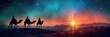 © iri.madrid.art - Epiphany three kings day journey at sunset with camels and starry sky. Horizontal banner. Copy space. Star of Bethlehem, or Christmas Star. Three Kings Day. Flat illustration
