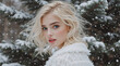 © NeuroCake - Portrait of a blonde woman with blue eyes in a snowy winter forest. Holiday beauty and makeup concept for christmas and new year
