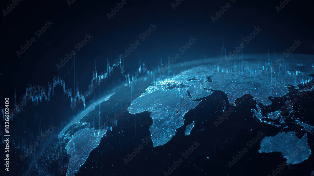 Serious digital world globe with finance data chart overlay. futuristic ...