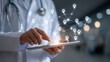 © Arif - Physician networking healthcare locations using tablet, connected pin icons showing global services