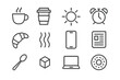 © Valentyna - Morning Icon Set. Morning buzz. Line icon set of morning buzz: coffee cup, to-go mug, sun, alarm clock, croissant, steam lines, phone, newspaper, spoon, sugar