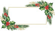 © Ruwani - Watercolor Christmas Rectangle Frame with Holly Leaves, Red Berries and Gold Line Border