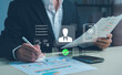 © paripat - business evaluation concept image showing professional reviewing documents with virtual checklists and profile icons, symbolizing performance review, approval process, modern management solutions.