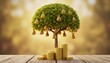 © Husen - A stylized money tree with gold coins stacked at its base, symbolizing wealth and financial growth.