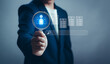 © PB Studio Photo - Businessman holding magnifying glass with people icon showing search and evaluation of candidate profile, HR technology recruitment concept, talent selection and digital human resource management