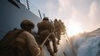 © Tania - A naval boarding team climbing onto a hostile vessel at sea, ropes swaying in the wind as they advance under strict formation — maritime combat action, coordinated boarding operations, and