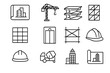 © Svitlana - Skyscraper Icon Set. Skyscraper development. Line icon set of Skyscraper development: blueprint, construction crane, steel beams, glass facade, elevator,