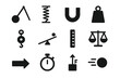 © Влада Яковенко - Physics Experiments Icons. Physics experiments. Solid icon set of Physics experiments: pendulum, spring, magnet, weight, pulley, lever, measurement icon,
