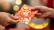 © mr. arsad - A detailed closeup of fingers holding out a traditional angpao envelope with intricate golden patterns, warm and joyful atmosphere,