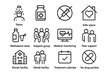 © Coosh448 - Substance Treatment Icons. Substance use treatment. Line icon set of substance use treatment: detox icon, medication bottle, syringe crossed out, safe space,