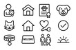 © Coosh448 - Adopting Strays Icon Set. Adopting strays. Line icon set of adopting strays: pet adoption icon, shelter building, paw certificate, smiling dog, happy cat, home