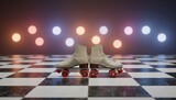 Glittering roller skates with red wheels standing back to back on a classic black and white checkered floor, creating a retro disco aesthetic with colorful bokeh lights in the background