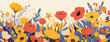 © Dizzi - Ilustración vectorial de un vibrante campo de flores silvestres en tonos cálidos y fríos, ideal para diseño primaveral.