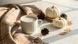 © Visunex - Cozy autumn morning with a warm coffee mug, small white pumpkins, pinecones, and a plaid blanket, bathed in sunlight, evoking comfort and the fall season