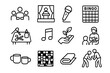 © Влада Яковенко - Community Event Icons. Community events. Line icon set of Community events: group meeting, stage, microphone, bingo board, craft table, music notes, gardening,